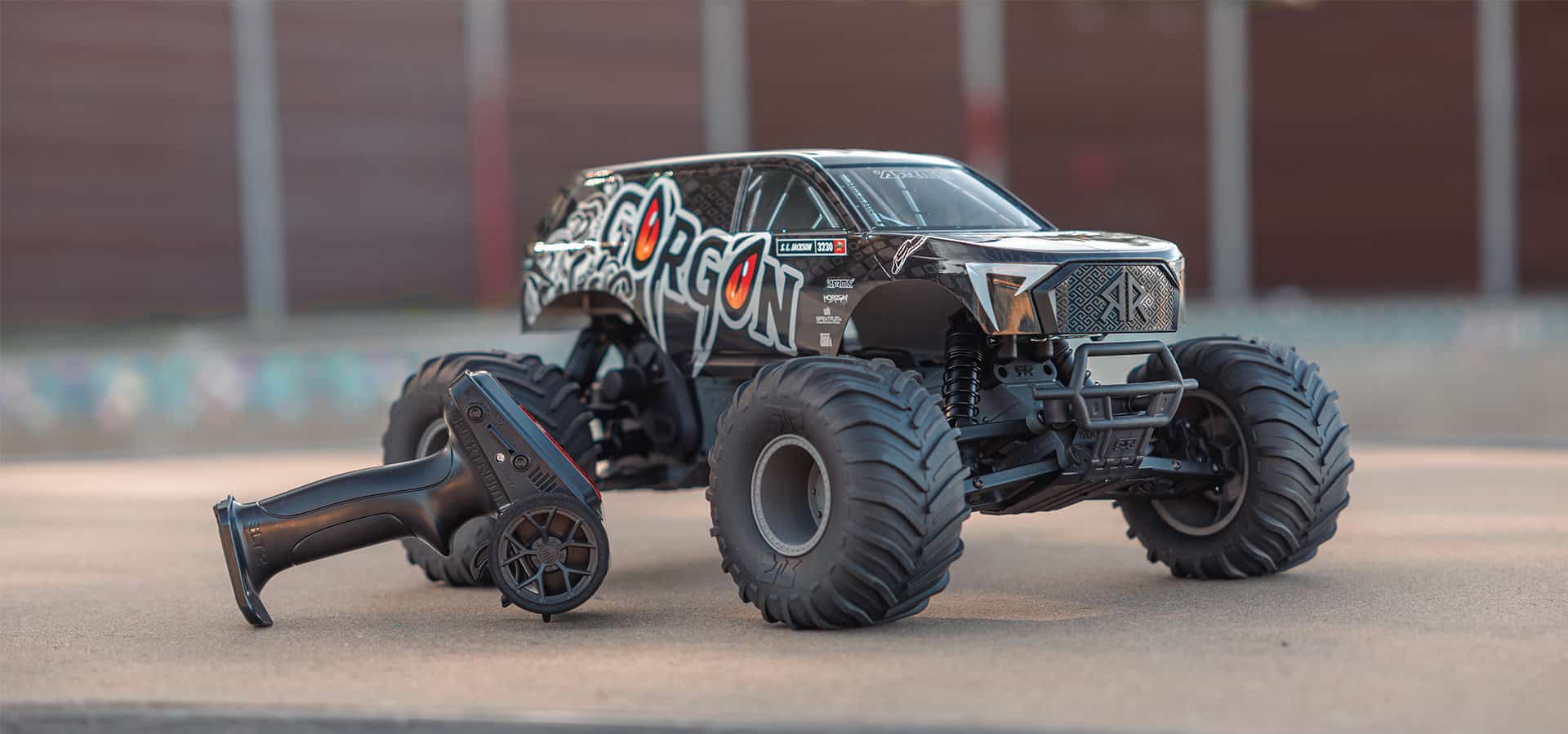 Black Arrma RC Gorgon monster truck with radio